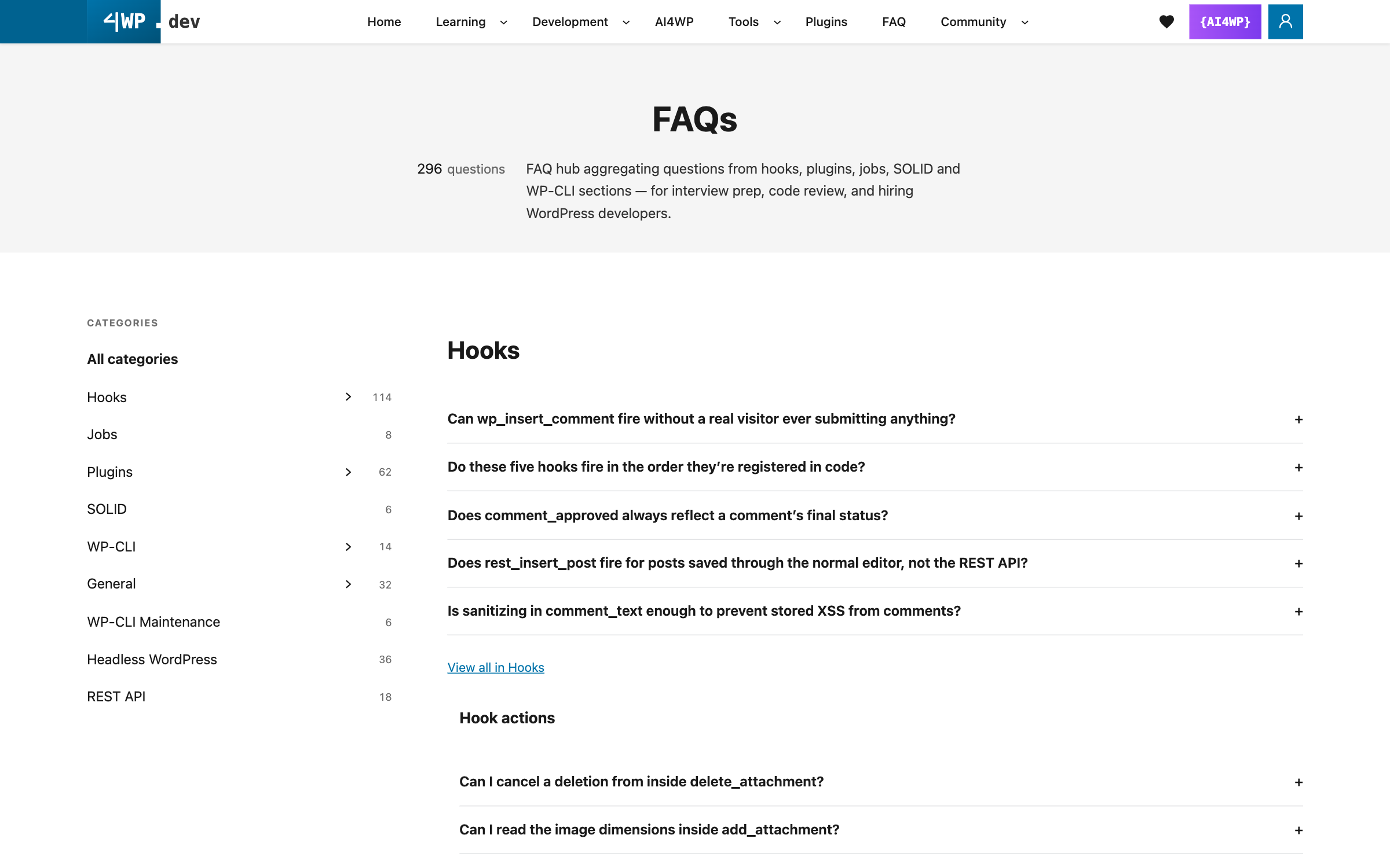 4wp.dev/faqs: 296 questions in 9 categories