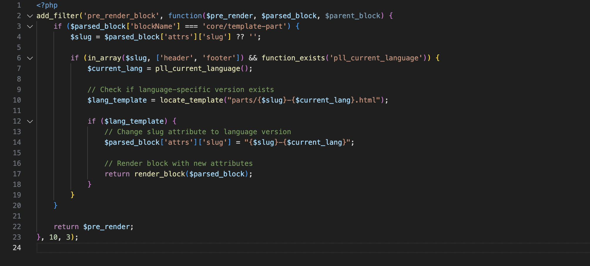 add_filter(‘pre_render_block core template-parts Header and Footer for multilanguages templates