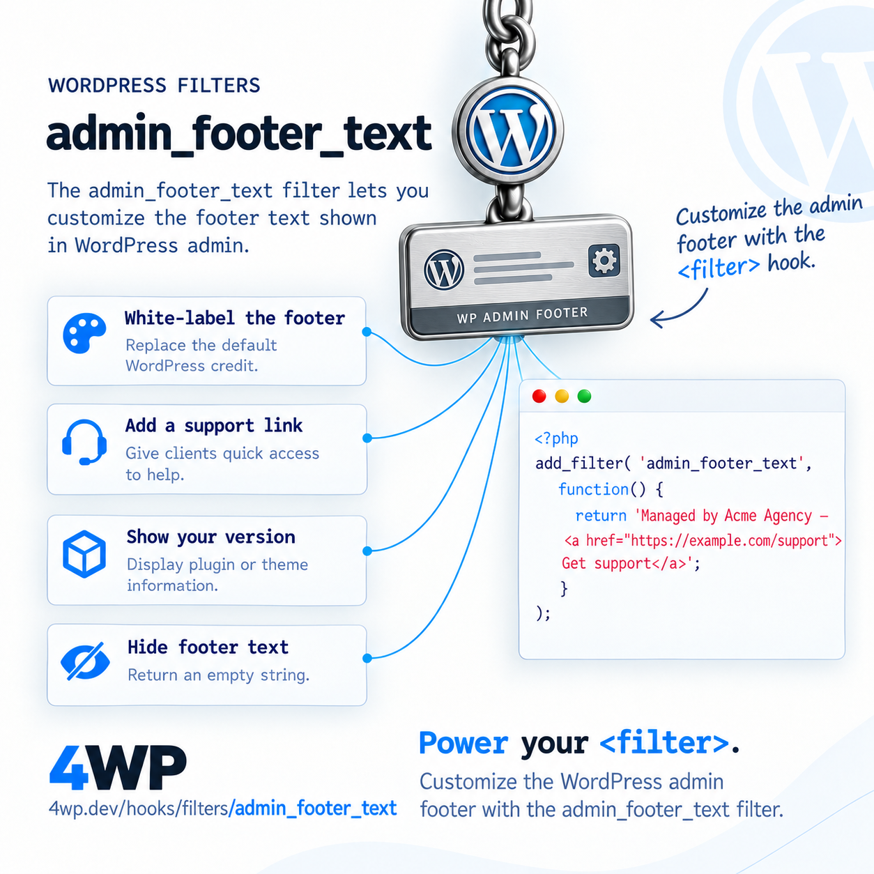 admin_footer_text WordPress filter hook — Filters the text shown in the bottom-left of every admin page — admin_footer_text is a lightweight branding hook — agencies commonly use it to replace WordPress's default footer credit…