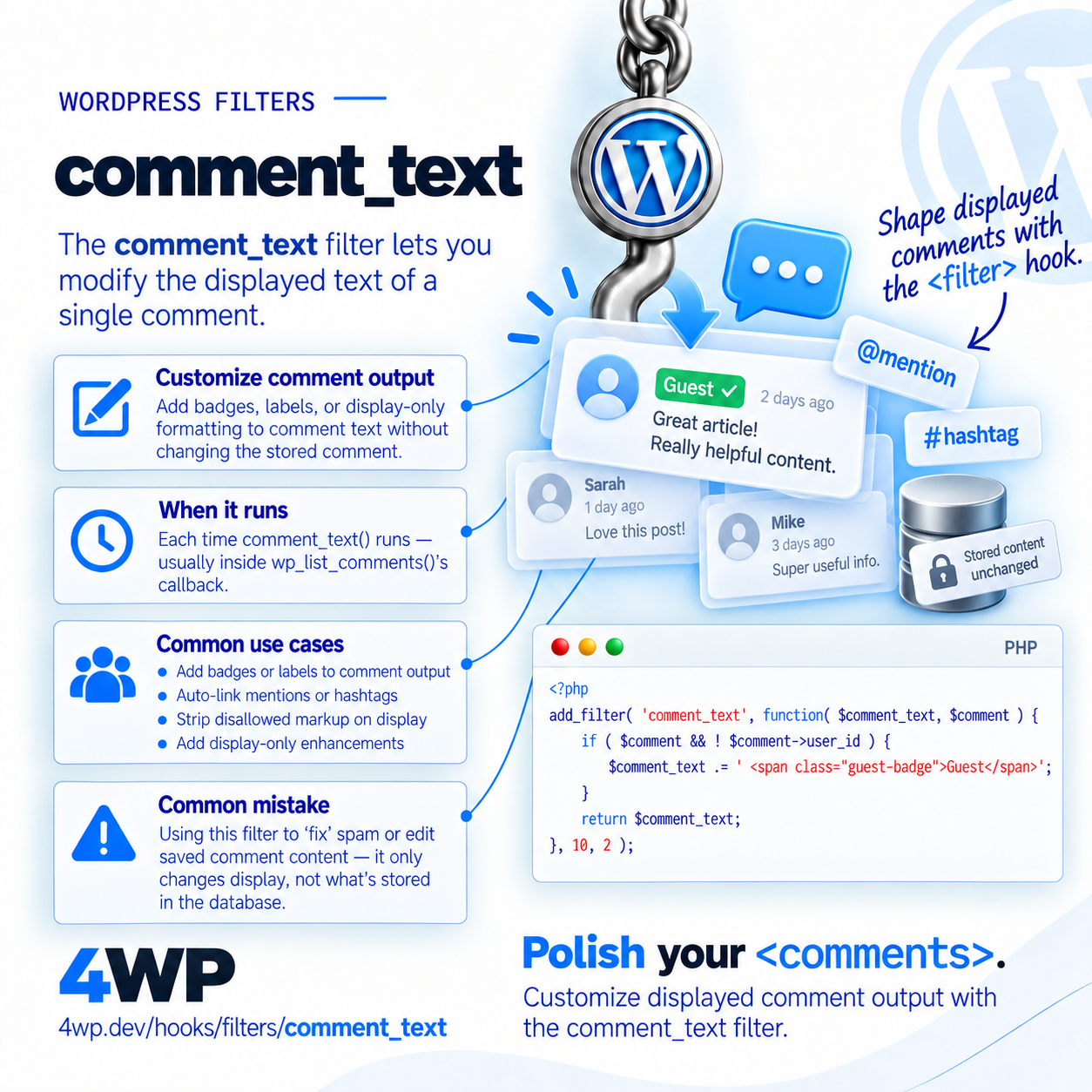 comment_text WordPress filter hook — Filters the displayed text of a single comment — comment_text is where you'd add nofollow to links, auto-linkify text, or moderate content on display — it doesn't change…